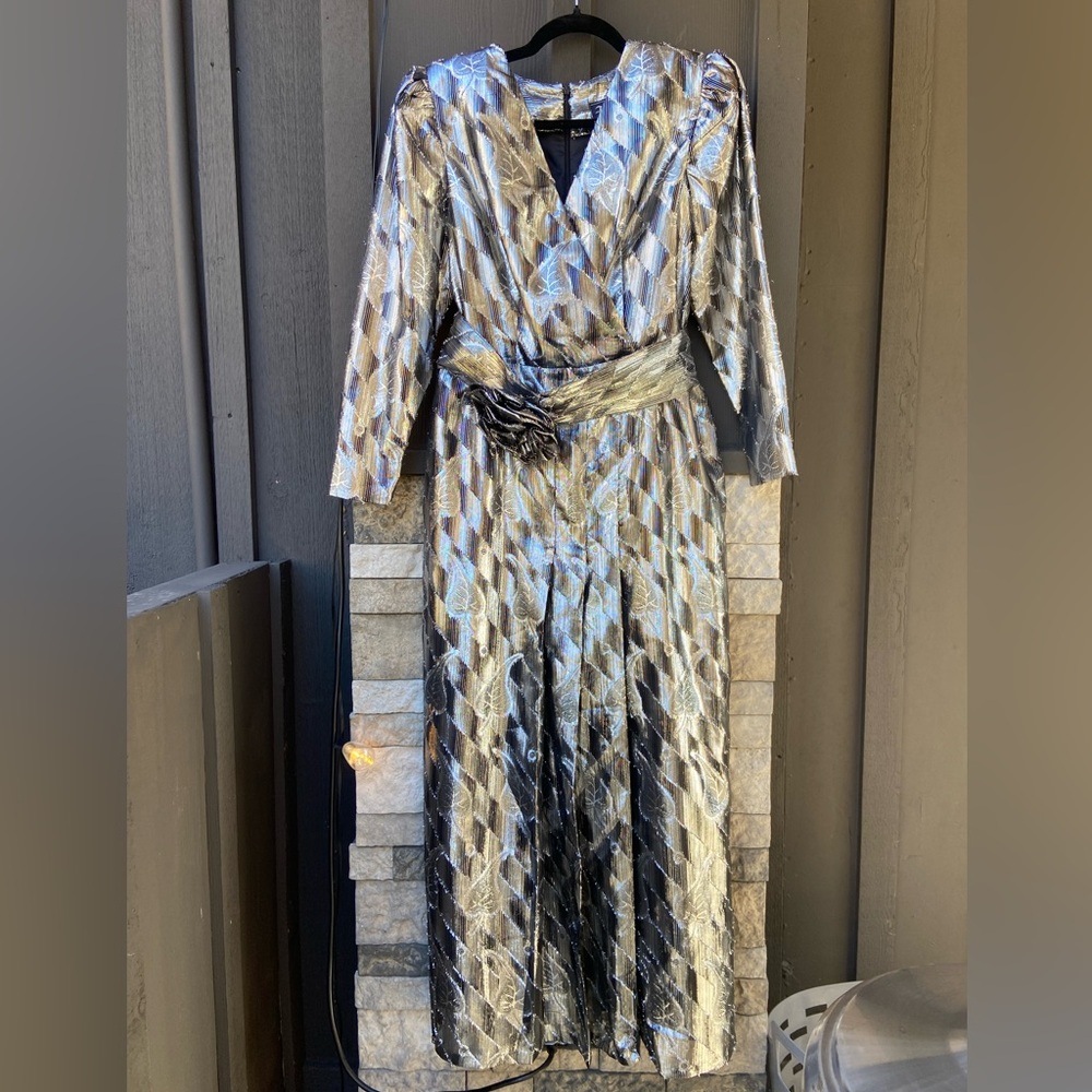 Vintage Designer Frank Kim Metallic Pleated Evening Dress Original Belt Size 8